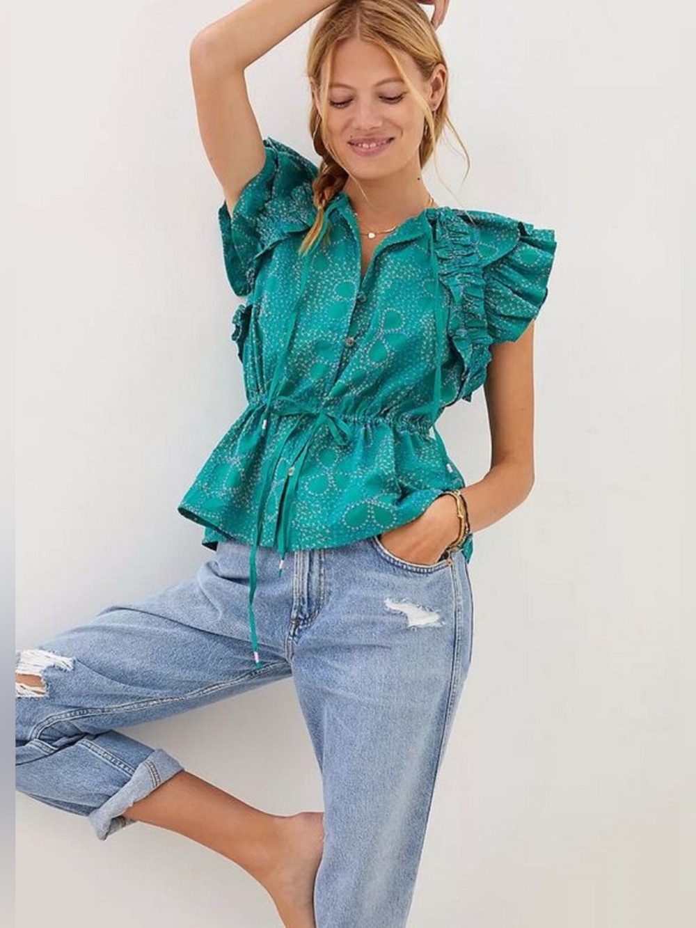 Maeve anthropologie Sea Teal Ruffle-Sleeve Button Front Blouse